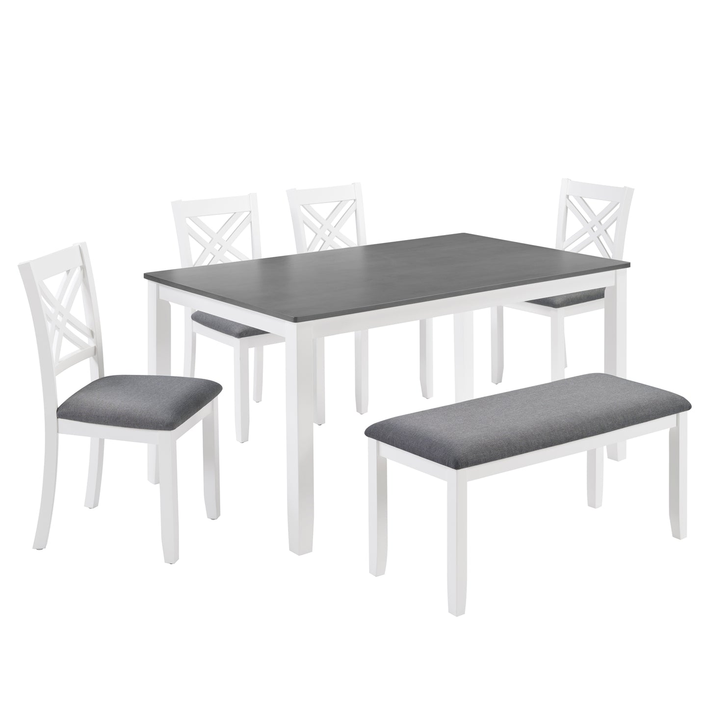 6-Piece Dining Set with Rectangular Table, Chairs & Bench - Grey & White