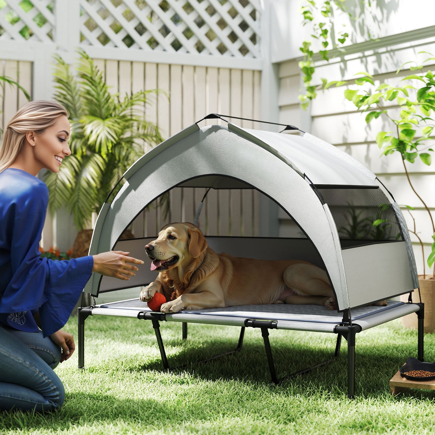 Outdoor Elevated Dog Bed with Removable Canopy and Cooling Pad - 42x30 Inches