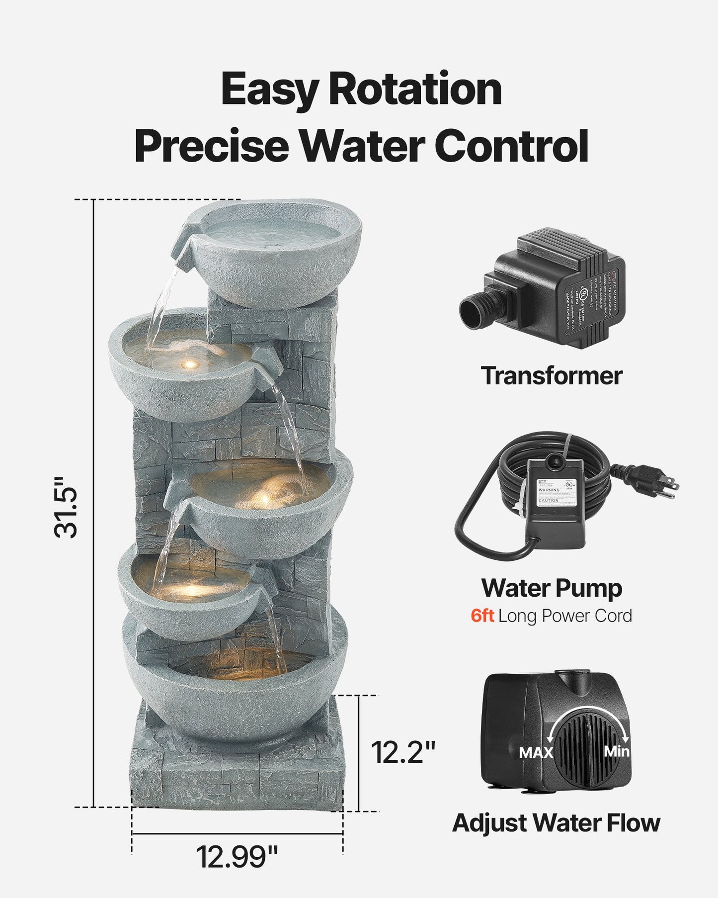 Outdoor 5-Tier Bowls Water Fountain - Cascading Garden Decor, 31.5 Inch
