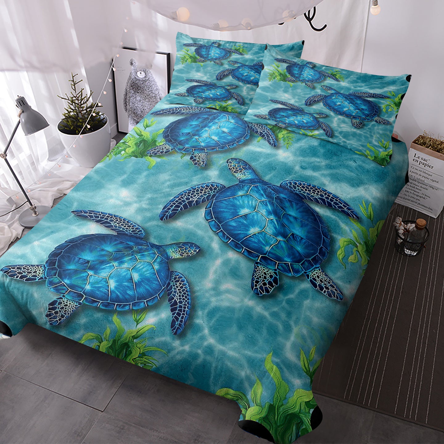Sea Turtle Pattern Duvet Cover Set - King Size 3 Pieces