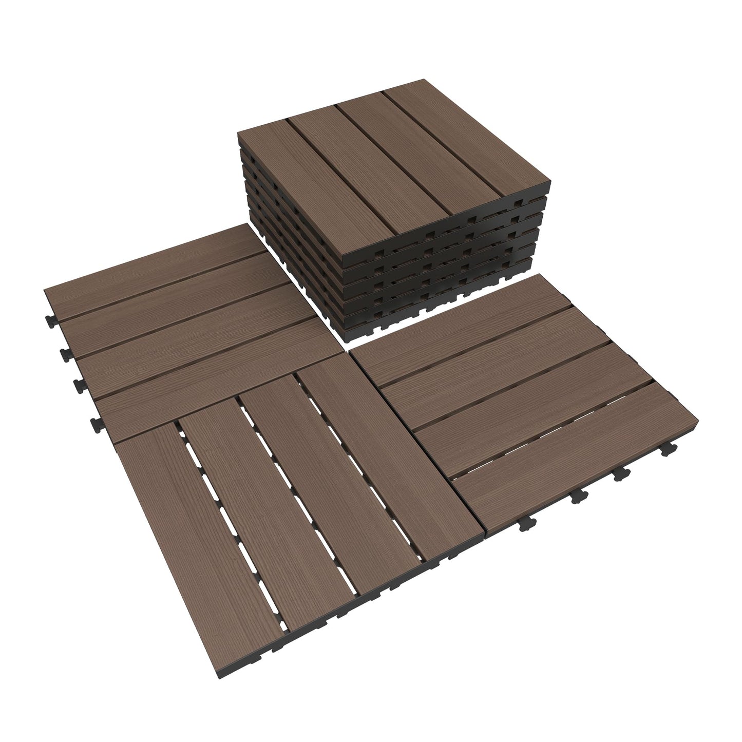 Interlocking Deck Tiles - 9 Pcs, 12" x 12" Outdoor Flooring - Dark Brown