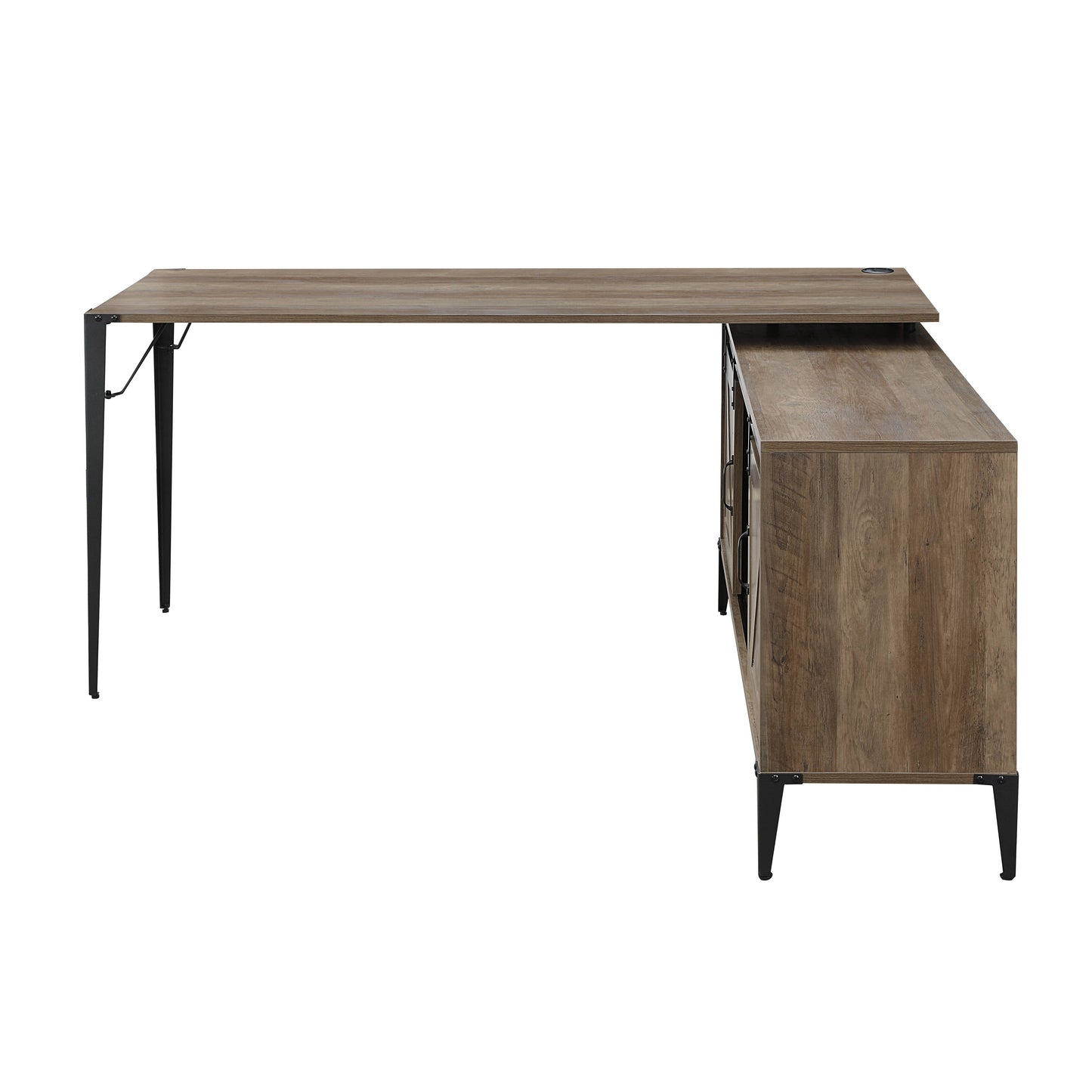 L-Shape Rustic Oak & Black Writing Desk with Storage