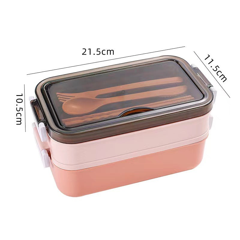 Double-Layer Bento Lunch Box with Sealed Compartments & Tableware - Pink