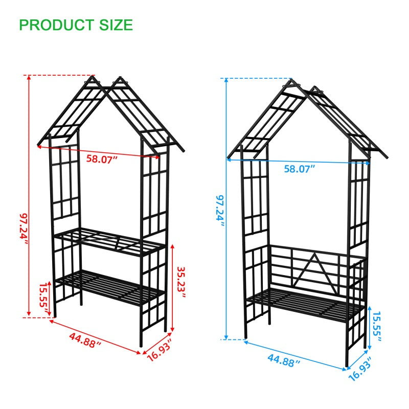 Metal Garden Arch with Convertible Bench and Flower Rack Support - Outdoor Black