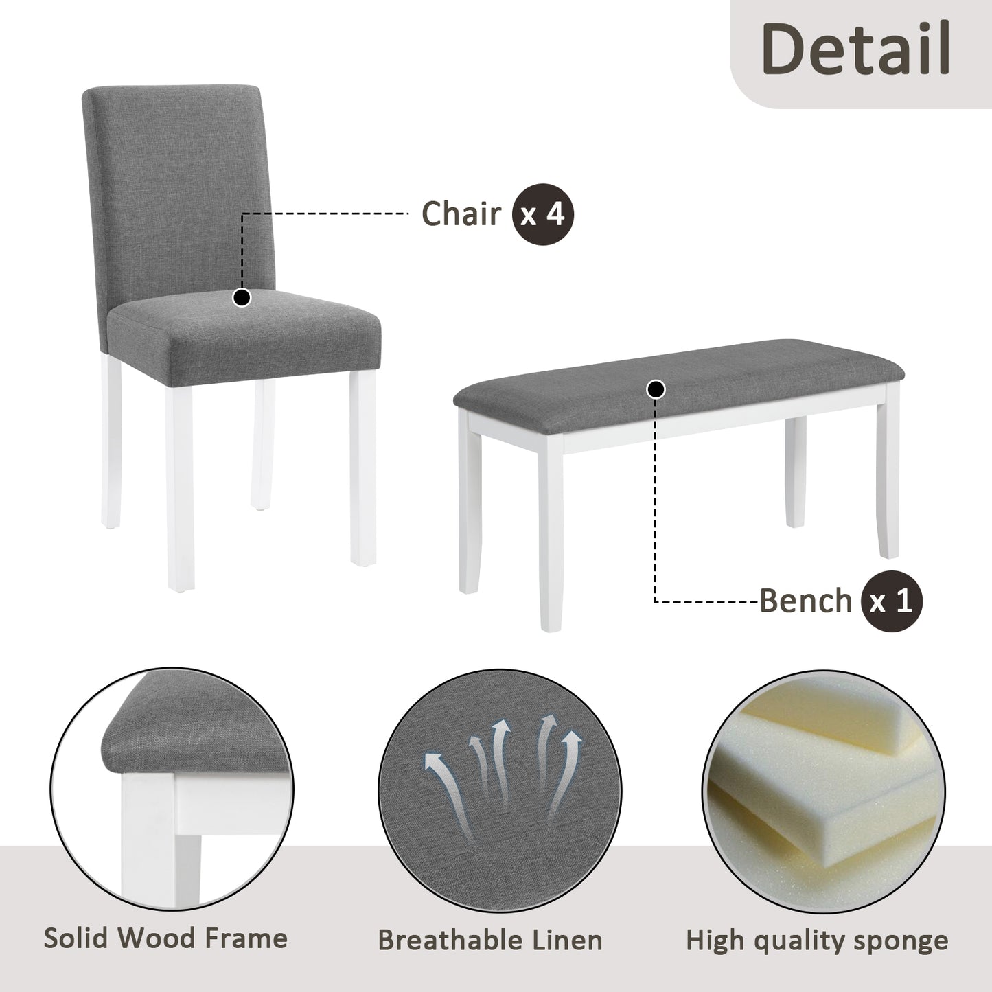 6-Piece Wooden Dining Table Set with Bench & Chairs - Grey/White