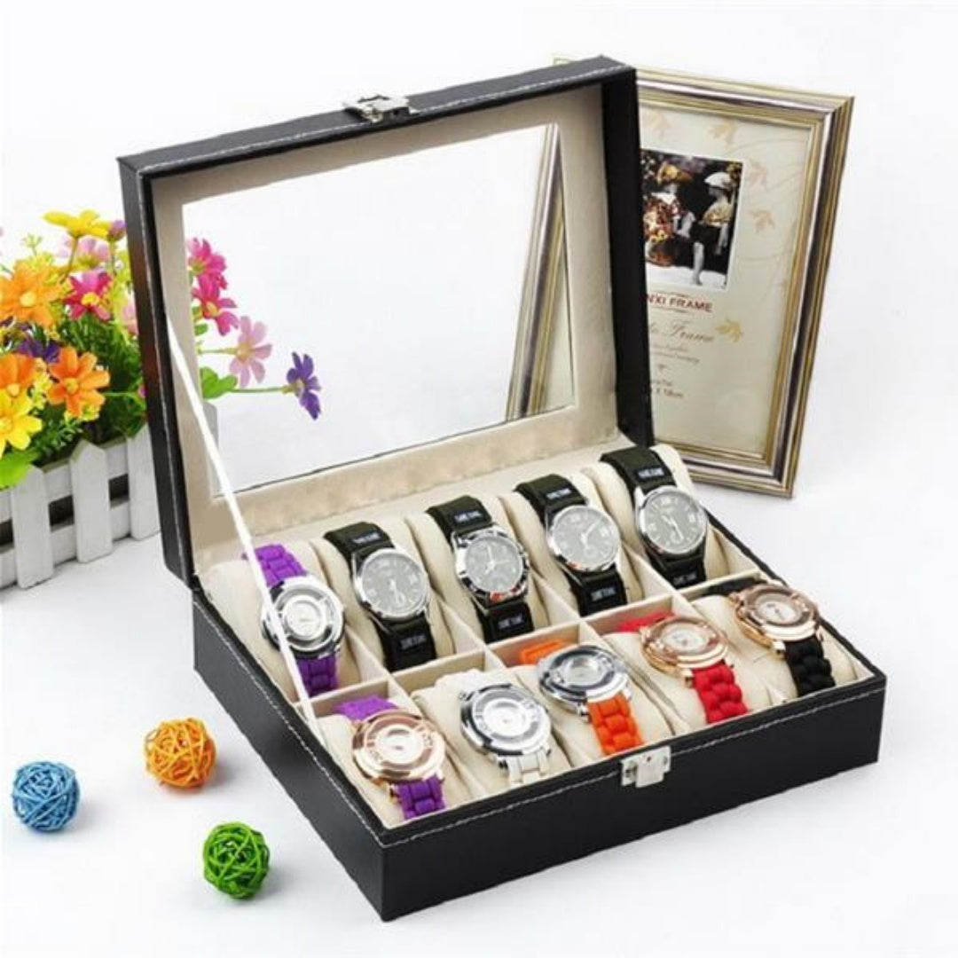 10 Compartments High-grade Leather Watch Storage Box Black