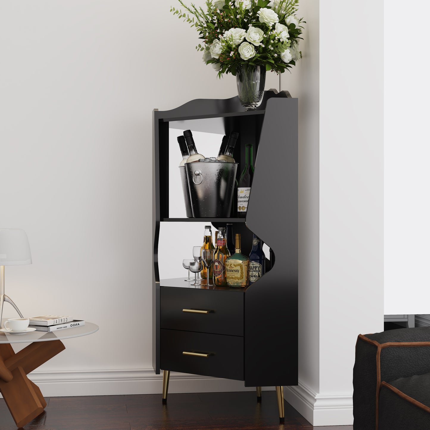 Wooden Corner Bar Cabinet With 2 Open Storage Shelves And Drawers,