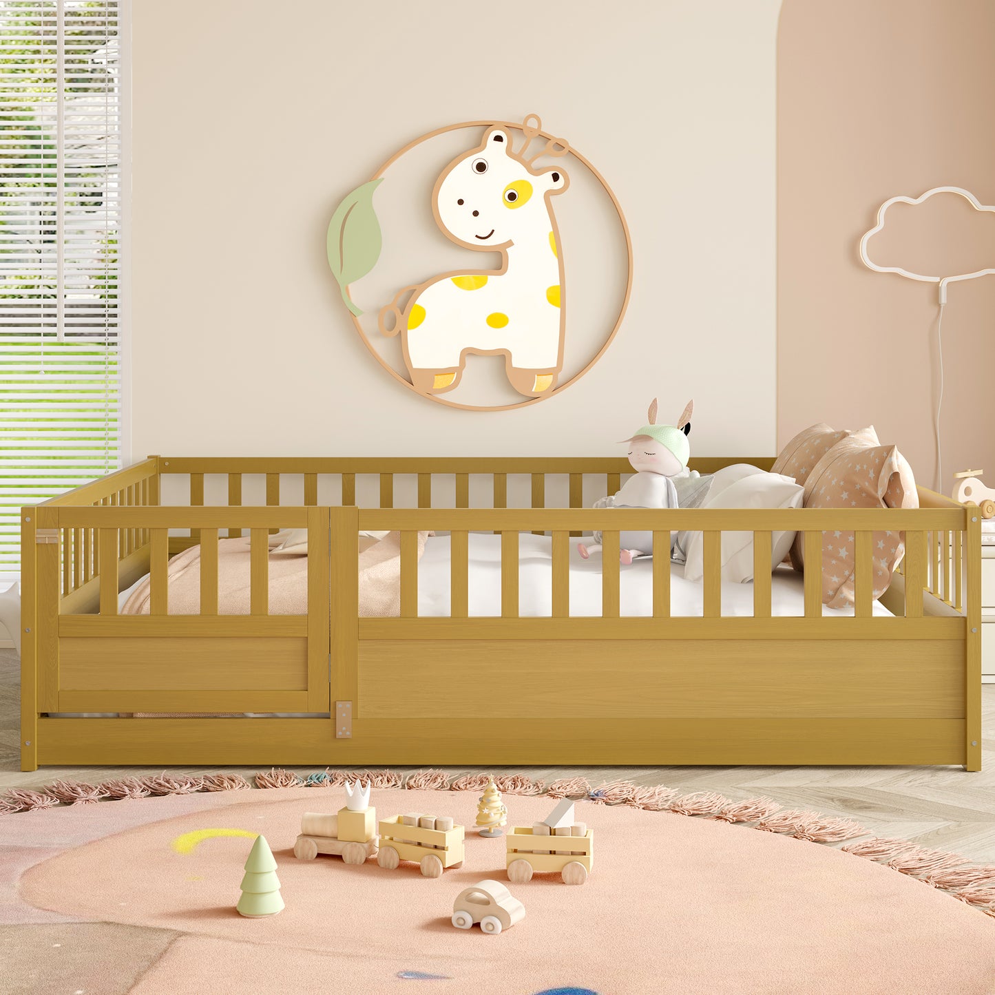 Full Size Montessori Floor Bed with High Security Barrier - Natural Wood