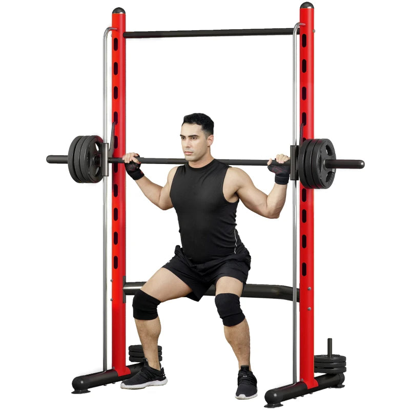 Adjustable Squat Rack with Pull-Up Bar & Barbell - Red