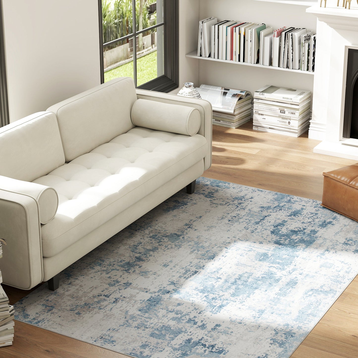 Machine Washable Area Rug 4x6 - Non-Slip Abstract Carpet in Blue