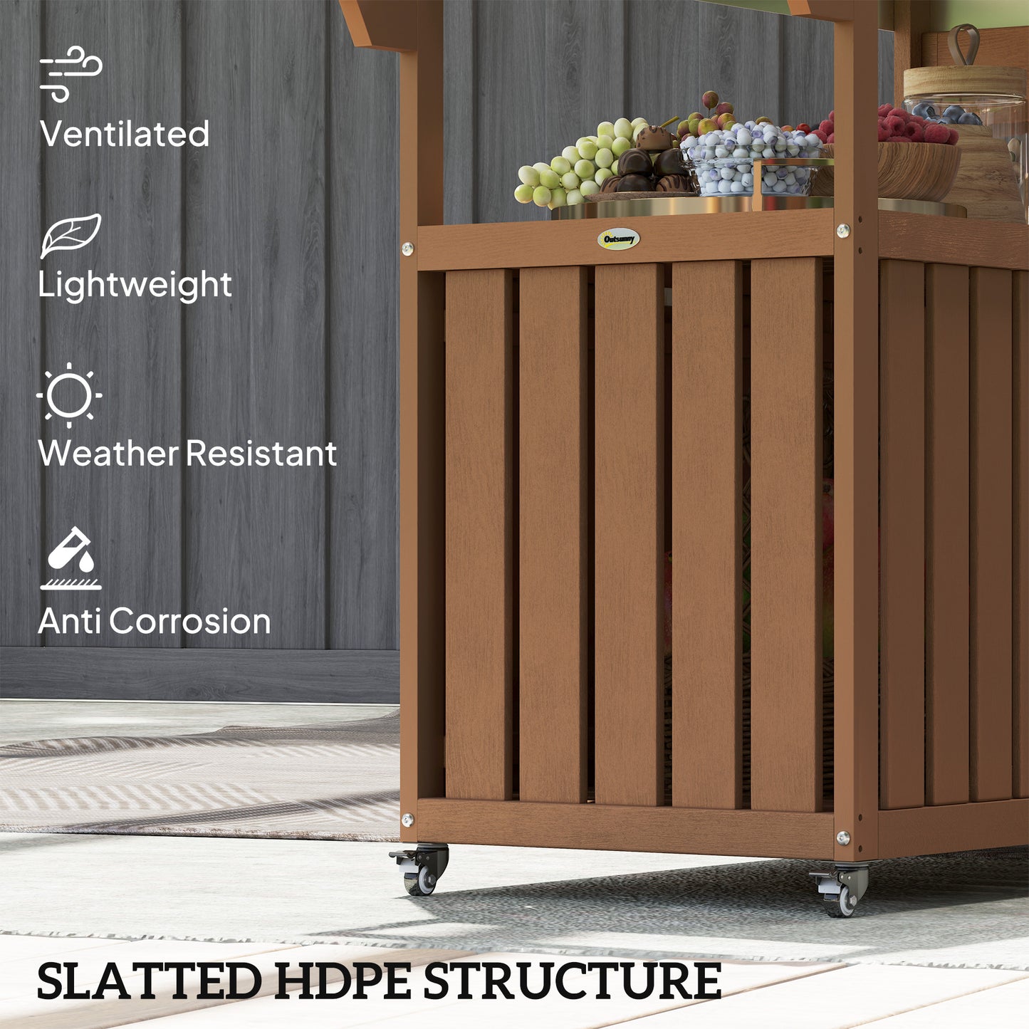 Outdoor Bar Cart with Stainless Steel Top & Storage - Brown