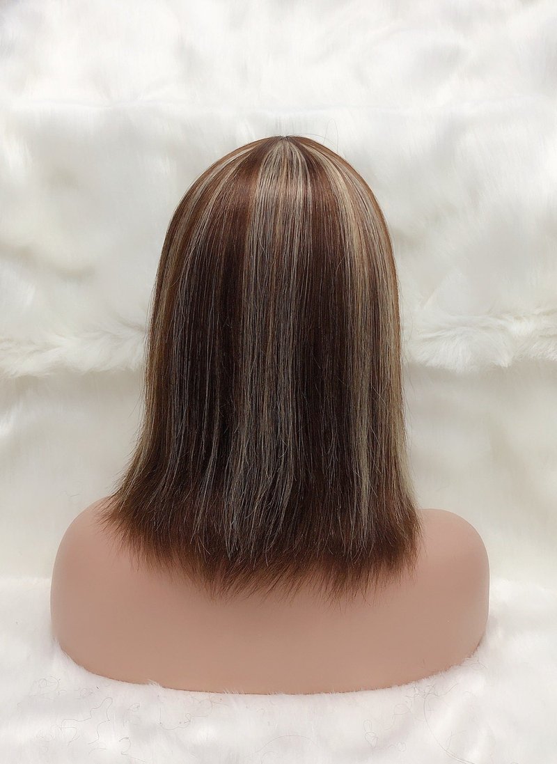 Human Hair Lace Wig with Straight Bangs - Brown, Medium Length, Reusable
