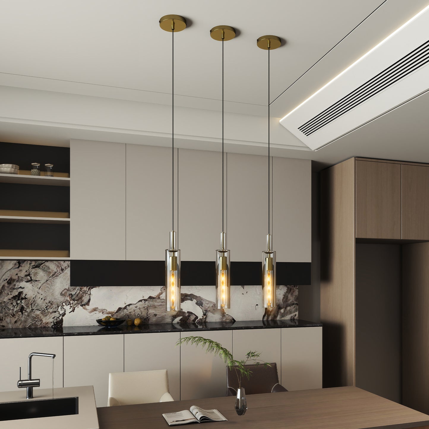Gold Pendant Light Fixture Set - 3 Pack with Clear Glass Shade