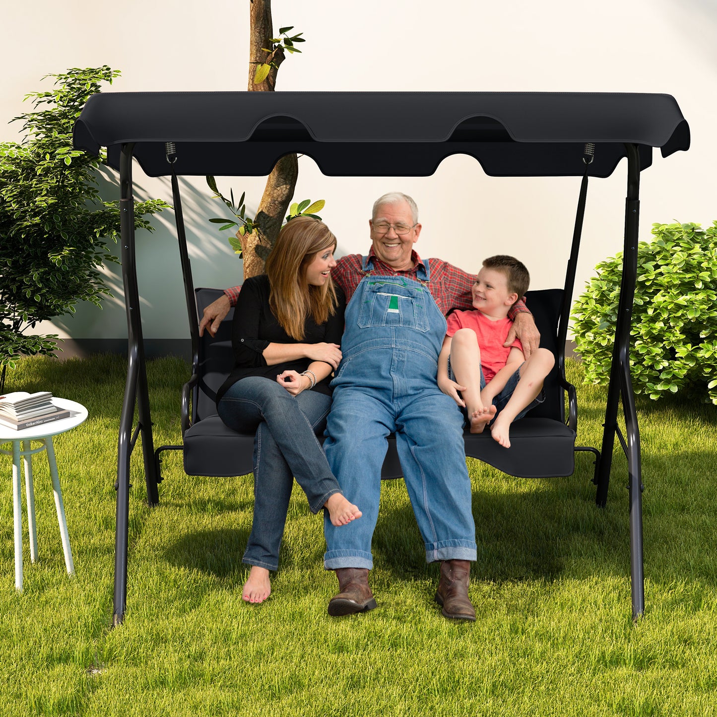 3-Seat Outdoor Patio Canopy Swing with Cushions - Black