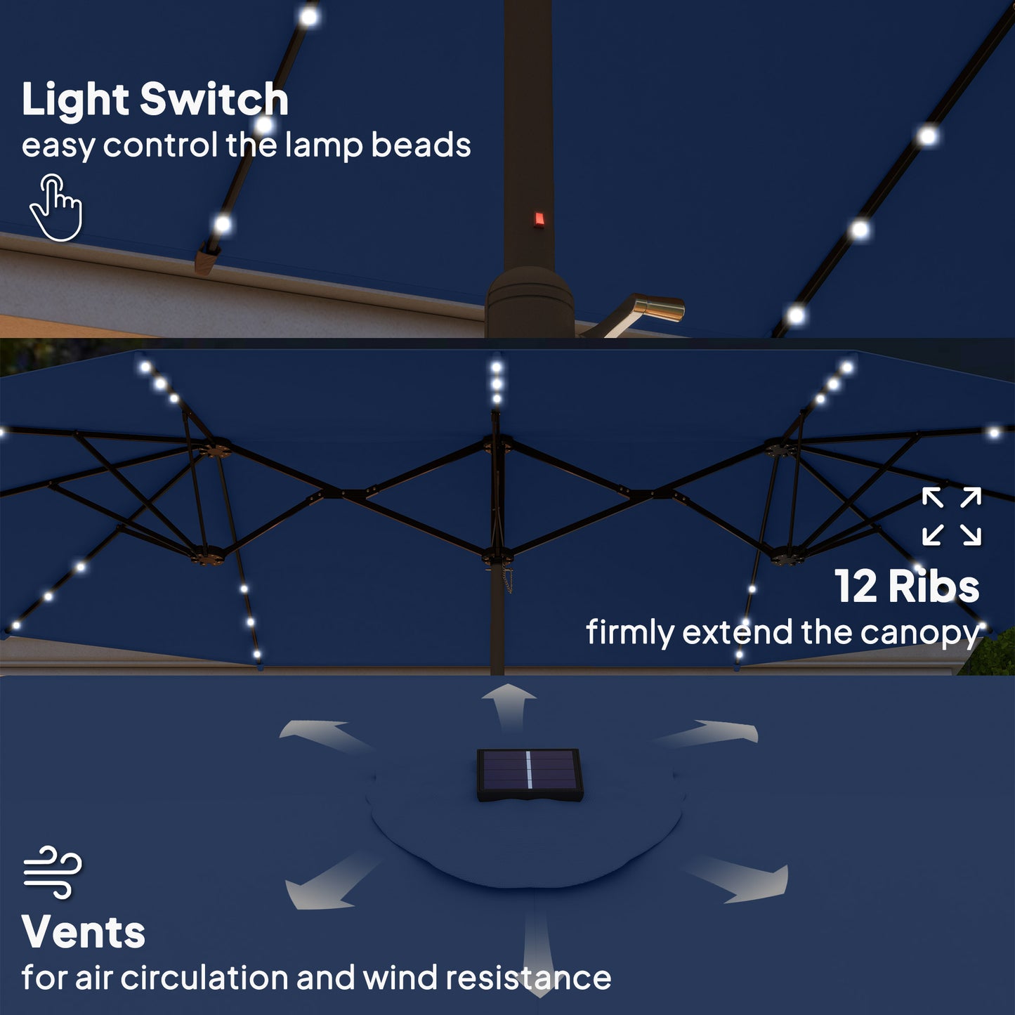 14.4ft Double-Sided Garden Parasol with Solar LED Lights - Navy Blue