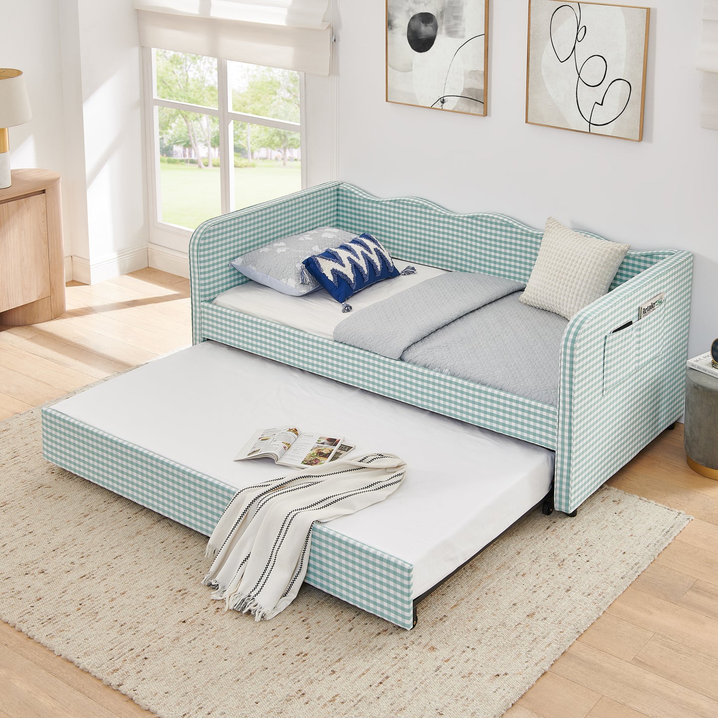 Twin Size Gingham Upholstered Daybed with Pull-Out Trundle & Storage - Cyan