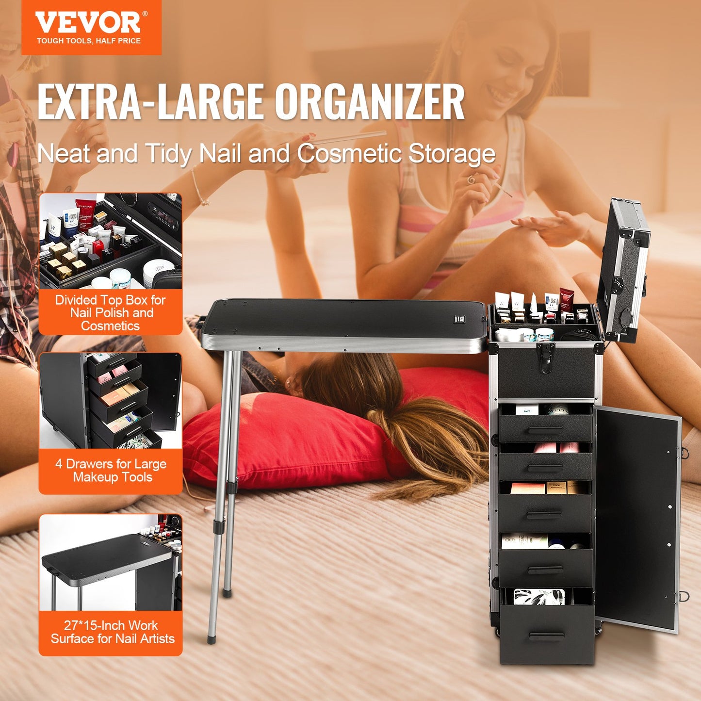Extra Large Rolling Makeup Train Case with 360° Wheels - Black
