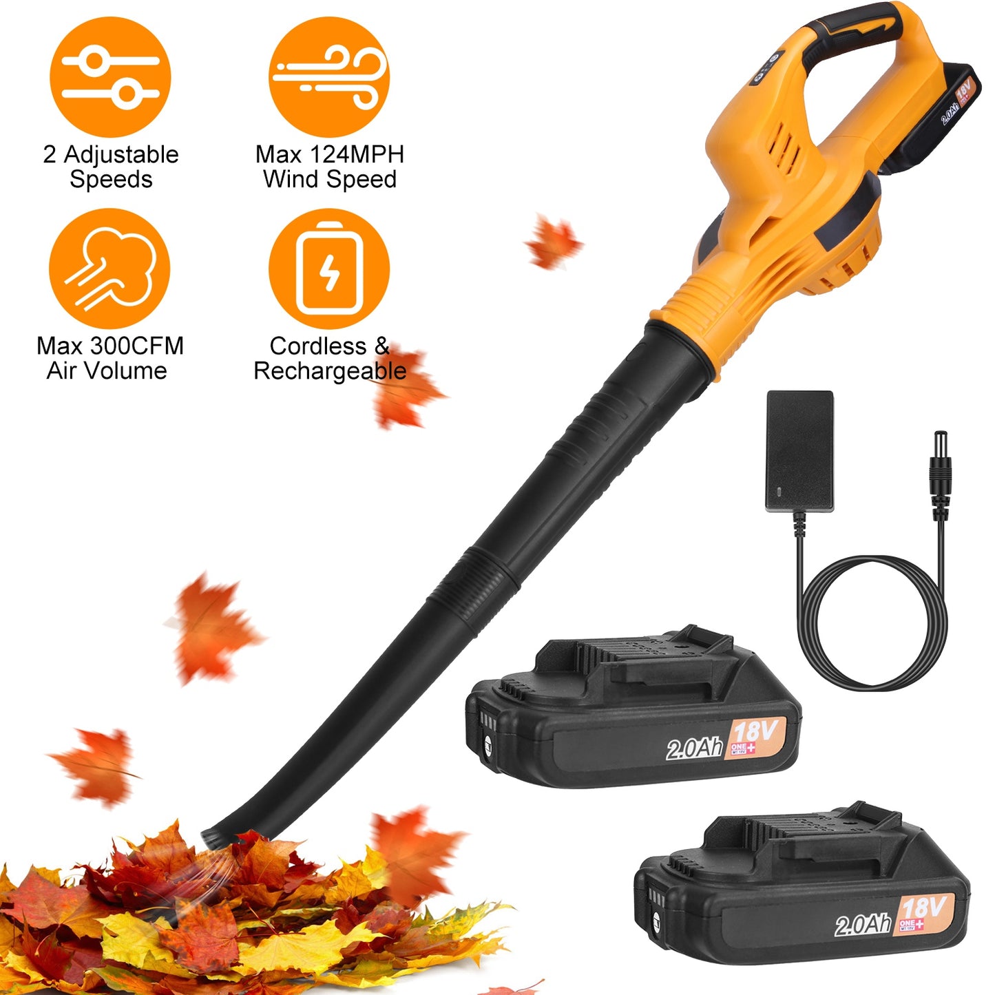 Cordless Handheld Leaf Blower with 124MPH Air Speed and 300CFM, 2-Speed, Orange