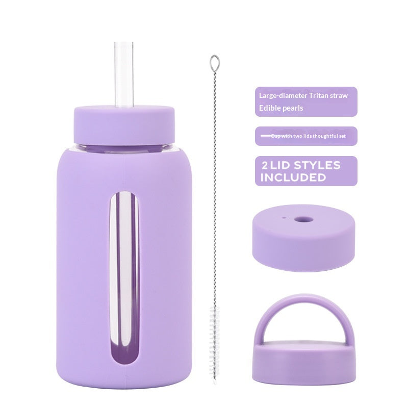 600ml Silicone Sleeve Glass Water Cup with Dual Lids - Heat-Resistant & Sipper-Friendly