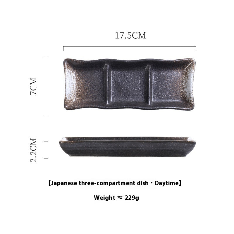 Rectangular Ceramic Sauce Dish with Three Grid Sections - Japanese Style Kitchenware