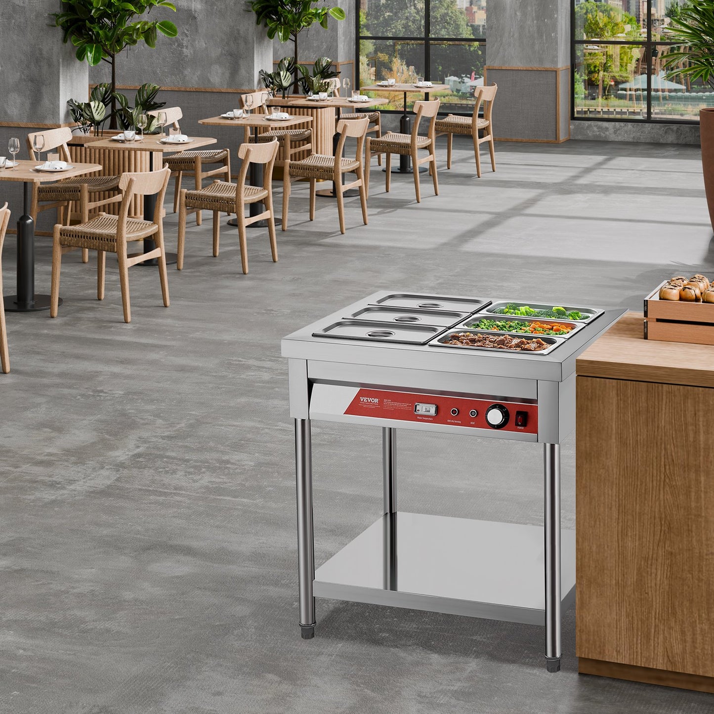 Commercial Electric Food Warmer with 6 Pans & Undershelf, Silver