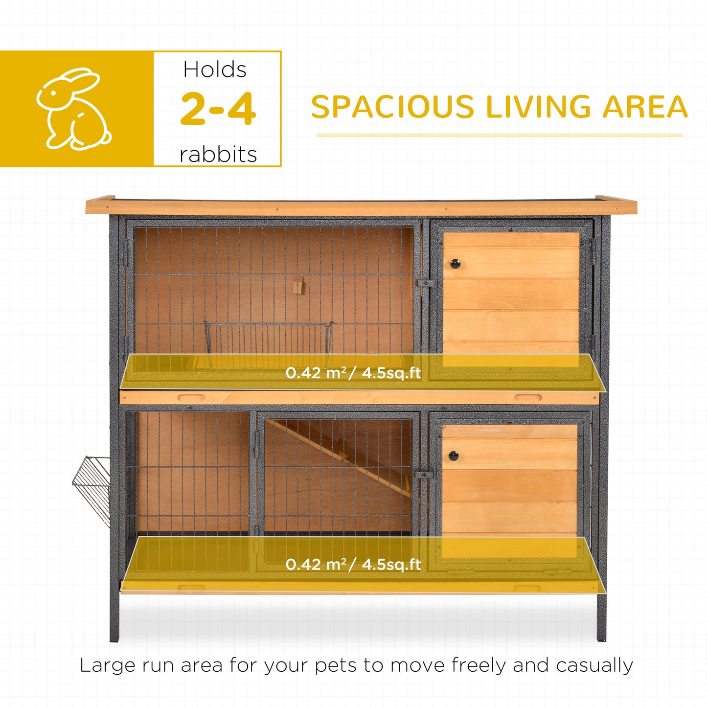 Large Wooden Rabbit Hutch 48 Inch Two-Story Pet House with Ramp & Waterproof Roof