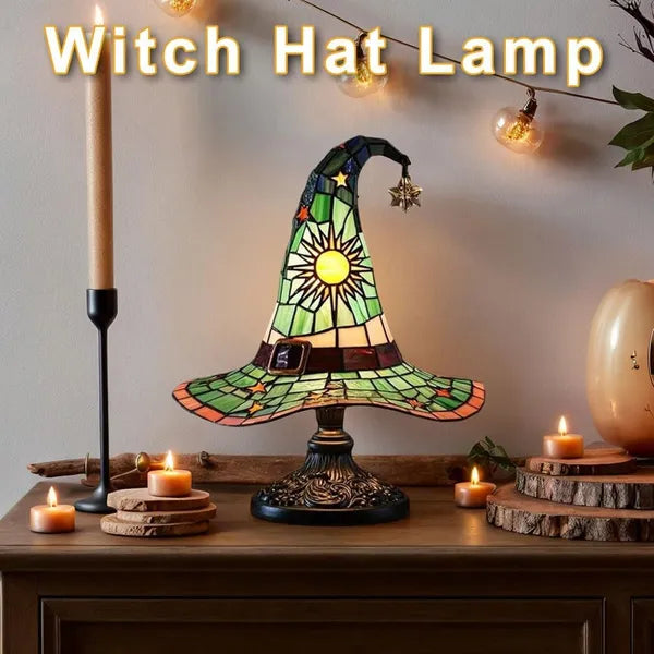 Handcrafted Stained Glass Witch Hat Table Lamp - Halloween Decor