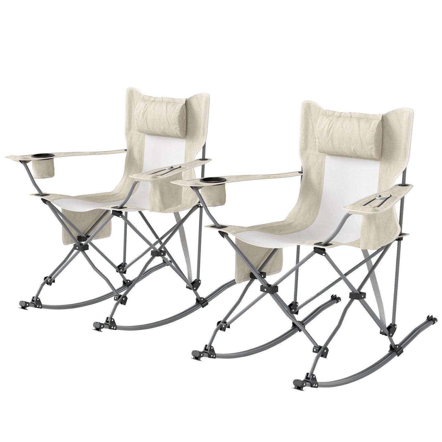 Folding Rocking Camping Chairs with Headrest & Cooler Bag - 2 Pack, Cream