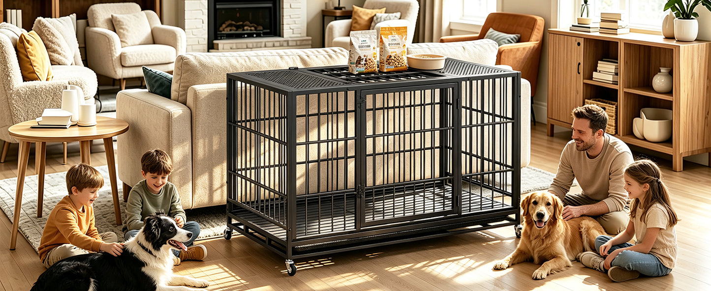 Heavy Duty Dog Crate with Lockable Wheels & Perforated Top - Indoor Outdoor Metal Kennel