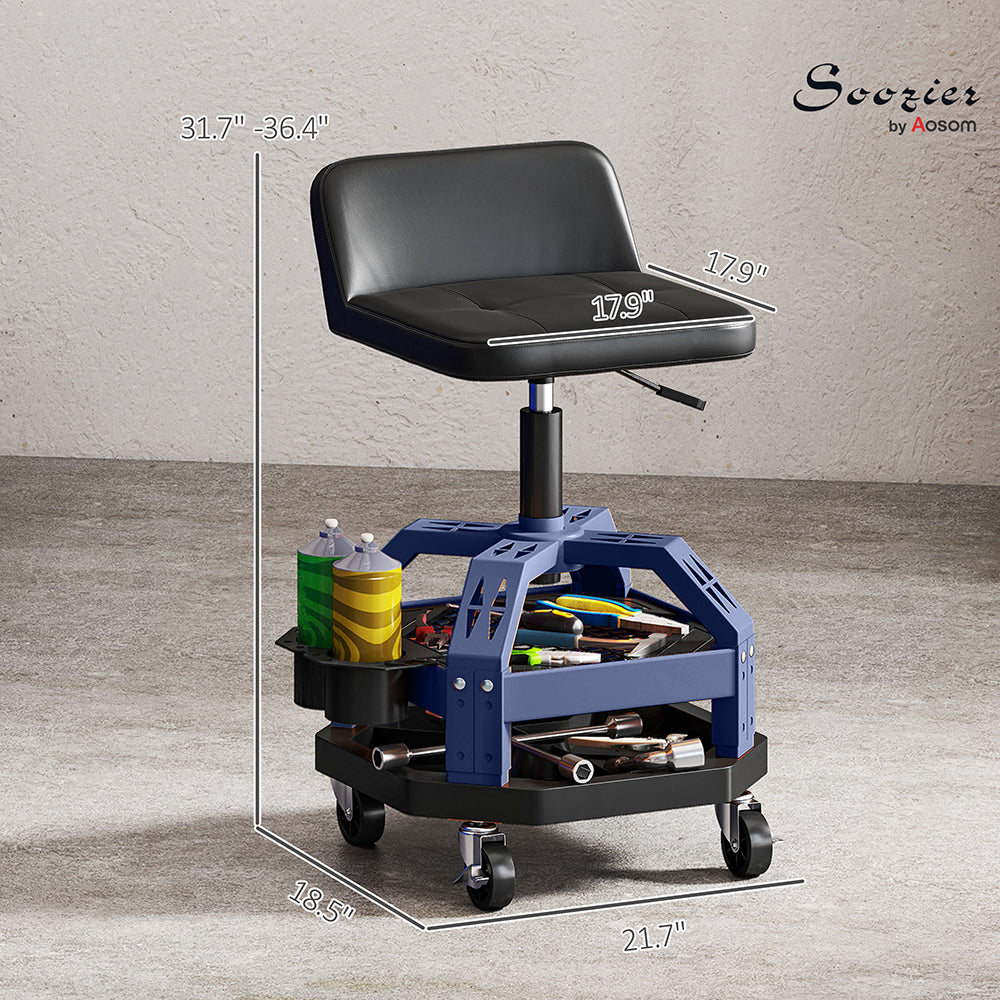 Adjustable Height Rolling Garage Stool with Tool Tray - 300 LBS Capacity, Blue