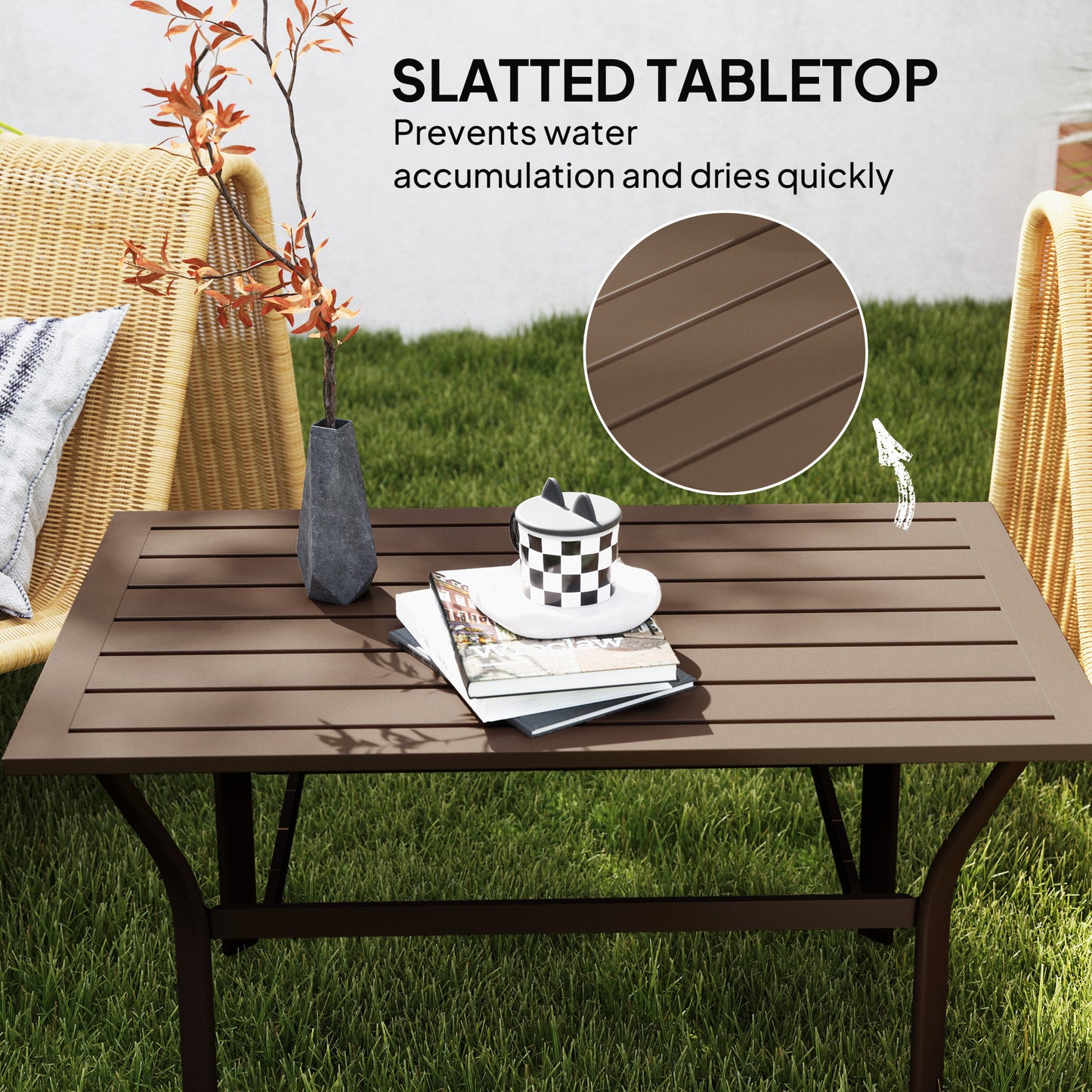 Outdoor Coffee Table - Slatted Design, All-Weather Metal, 36" x 21.7"