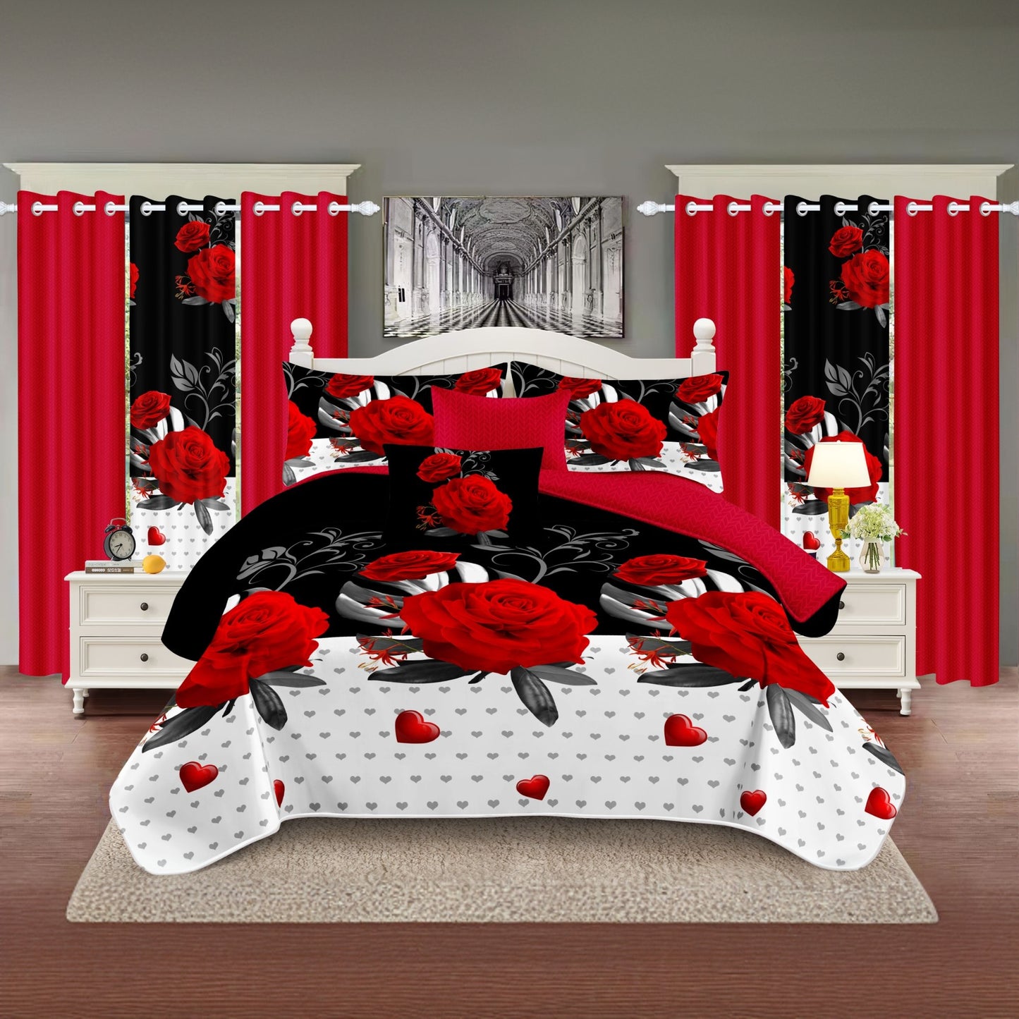 9-Piece Heavyweight Bedding Set with Rose Print & Curtains