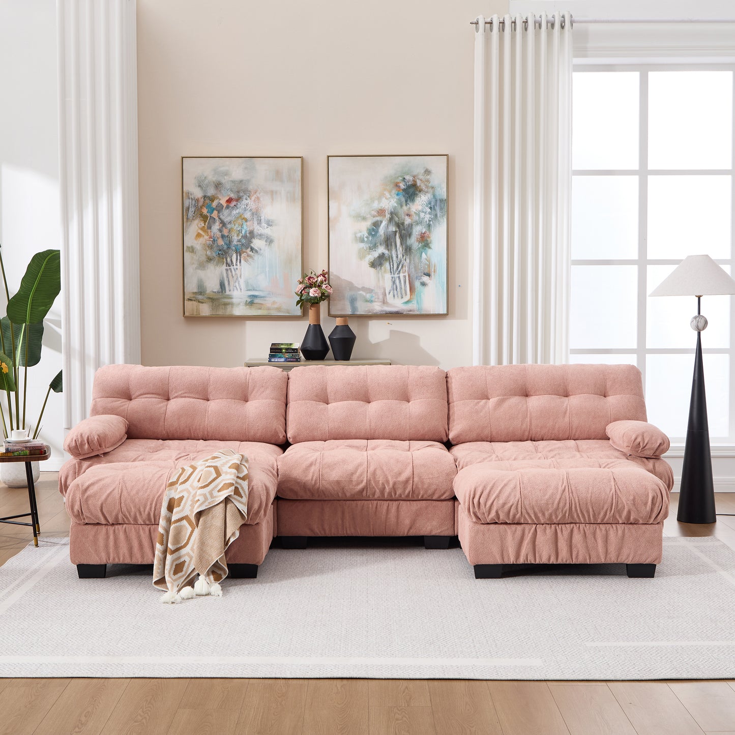 U Shaped Modular Sectional Sofa - Pink Cloud Couch with 5 Pillows
