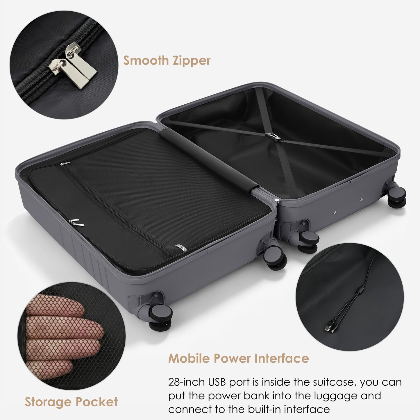 4-Piece Luggage Set with USB Charging Ports - Grey
