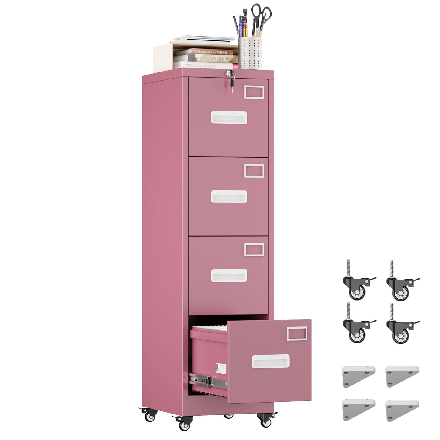 4 Drawer Lockable File Cabinet on Wheels - Pink