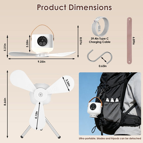 Rechargeable Tent Ceiling Fan with Light & Remote, Tripod Stand, 4 Speeds