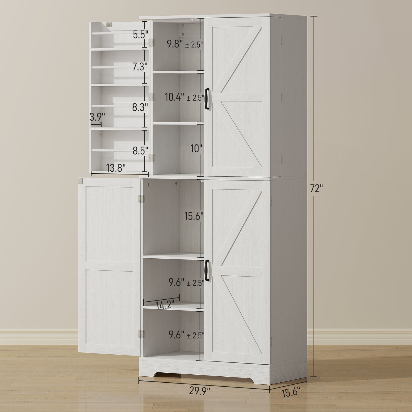 Farmhouse Kitchen Pantry Cabinet - 72" Tall with Barn Doors