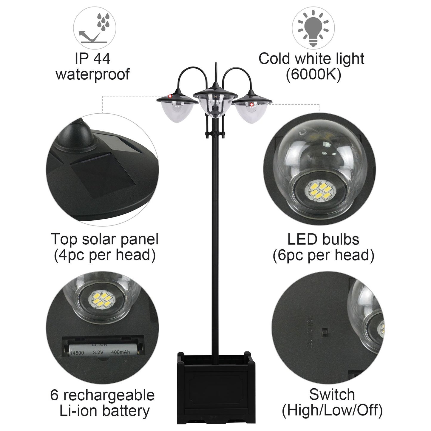 74.5" 3-Head Solar Lamp Post Light with Planter - Black