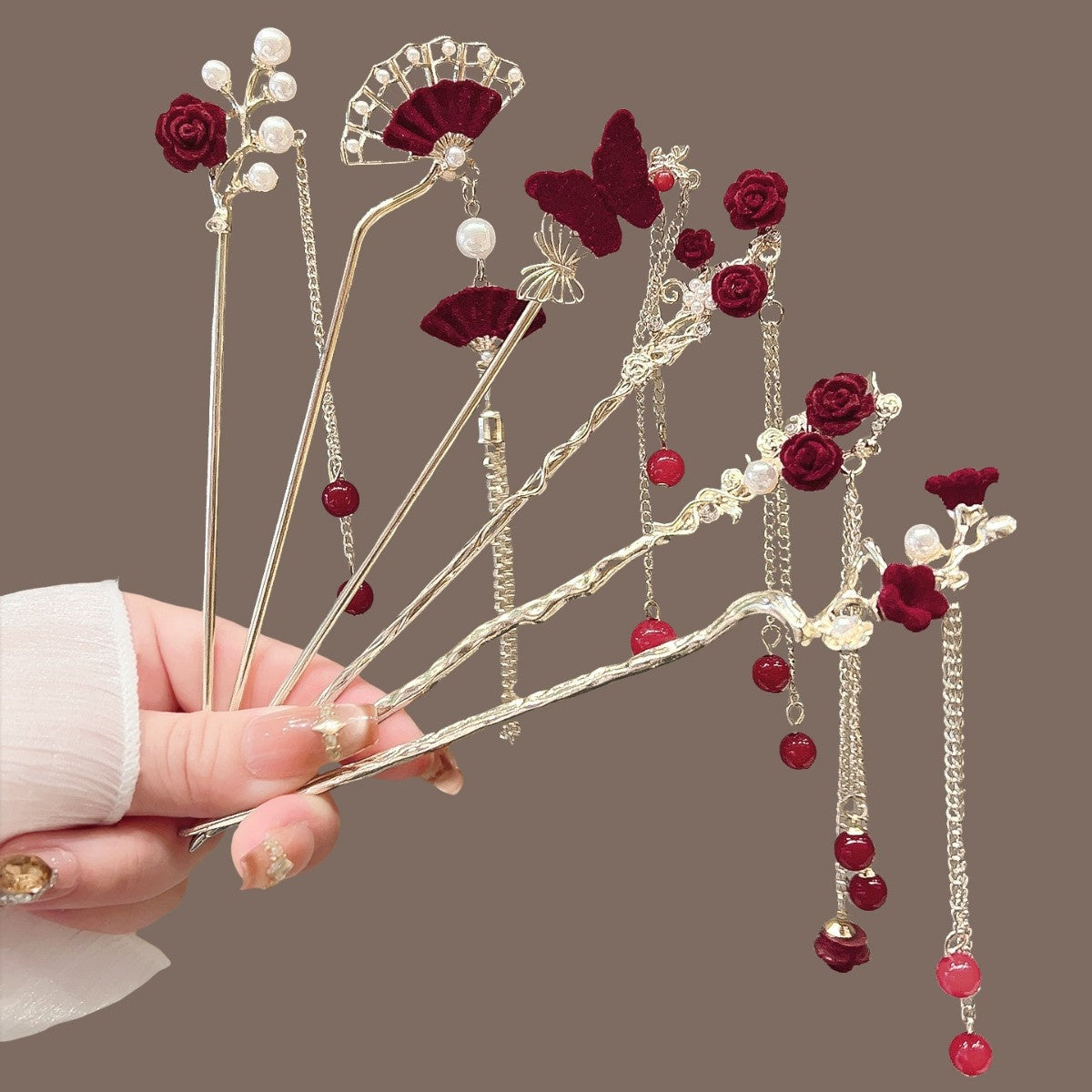 Vintage Floral Hair Stick with Red Flowers and Gold Leaves - Women’s Hair Accessory