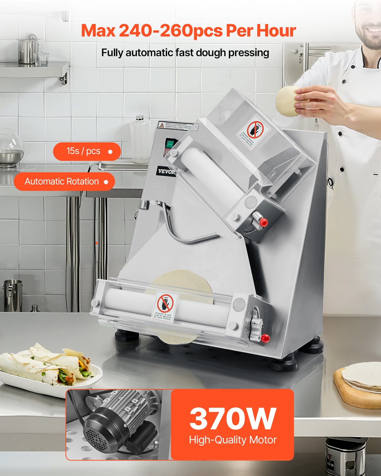 Automatic Commercial Pizza Dough Roller Sheeter 14 Inch, Adjustable Thickness, Silver