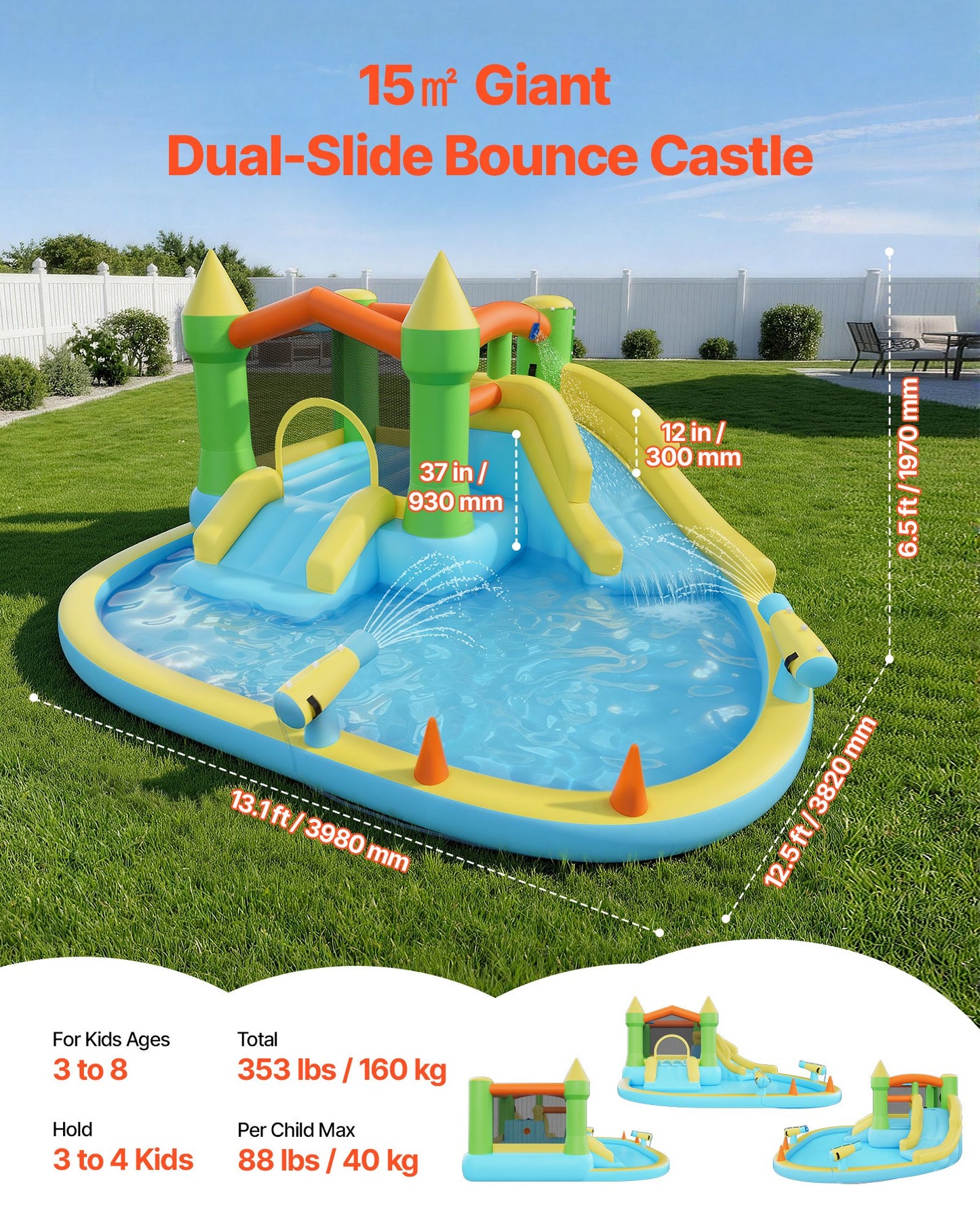 Inflatable Water Slide & Bouncer Castle for Kids - 12.5x13.1ft with Pool & Basketball Hoop