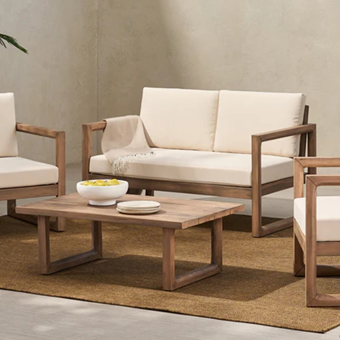 Outdoor Acacia Wood Loveseat And Coffee Table Set With Cushions,