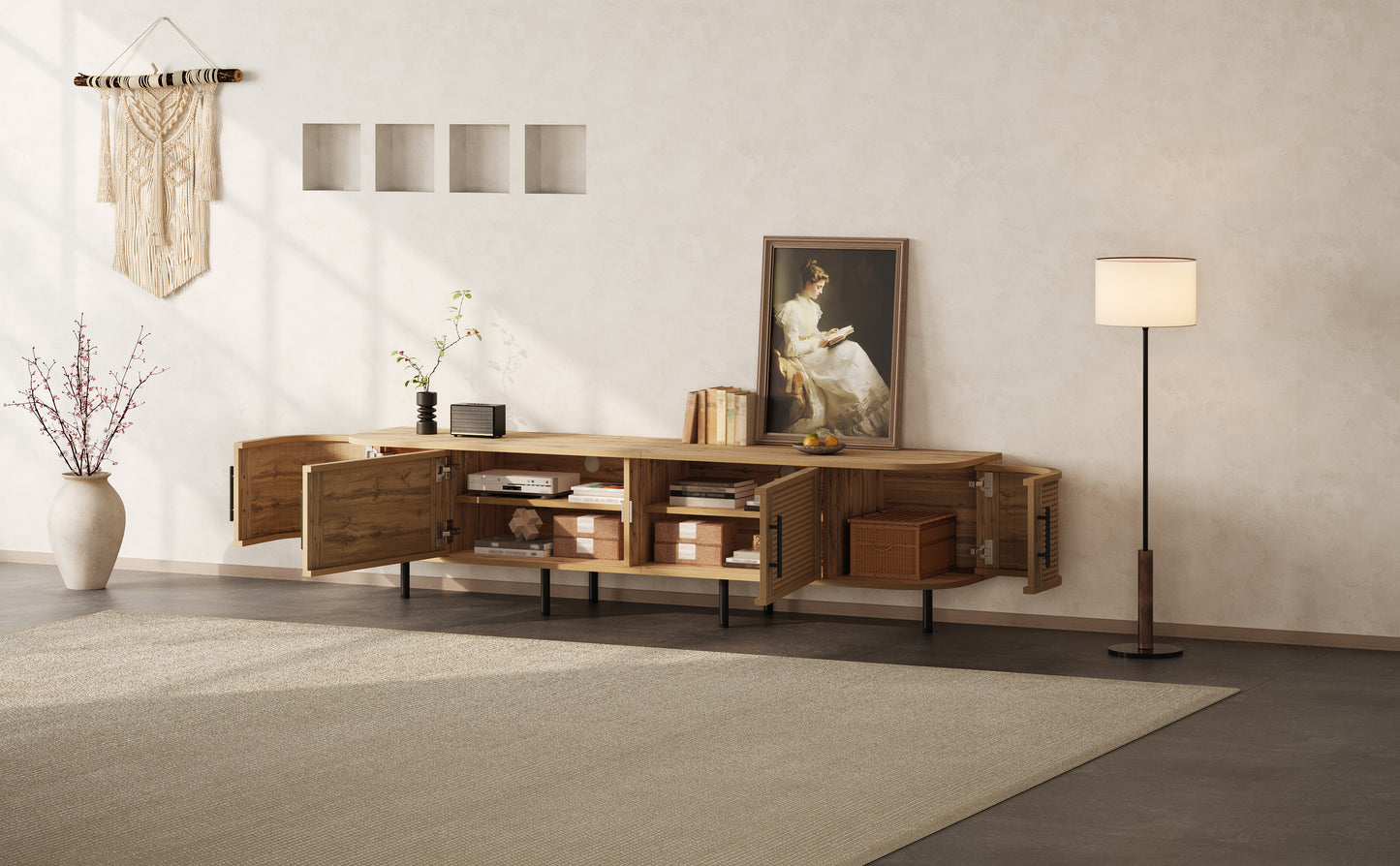 70-Inch Modern TV Stand with Rattan Doors for 80-Inch TVs