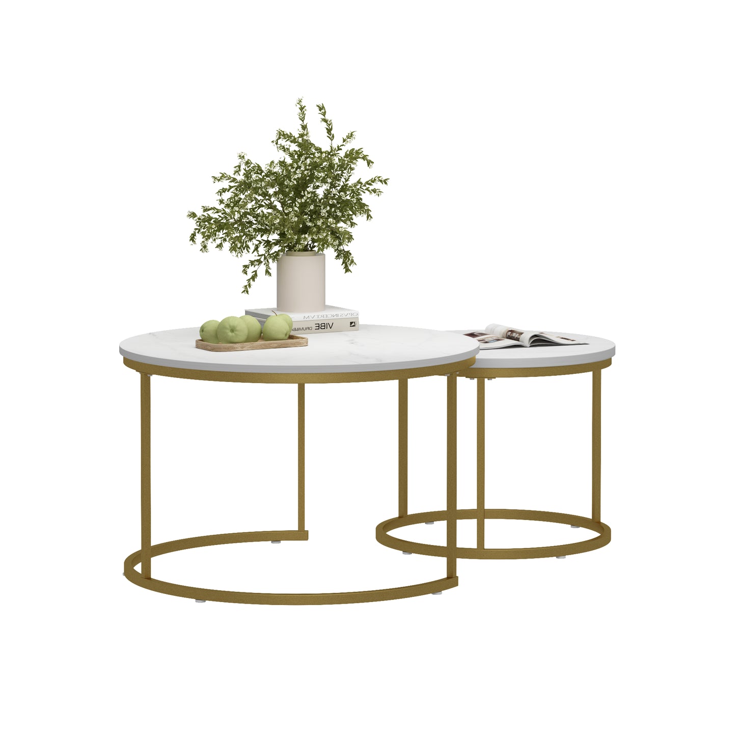 Nesting Coffee Table Set of 2 - Round Wood Marble Pattern - White+Gold