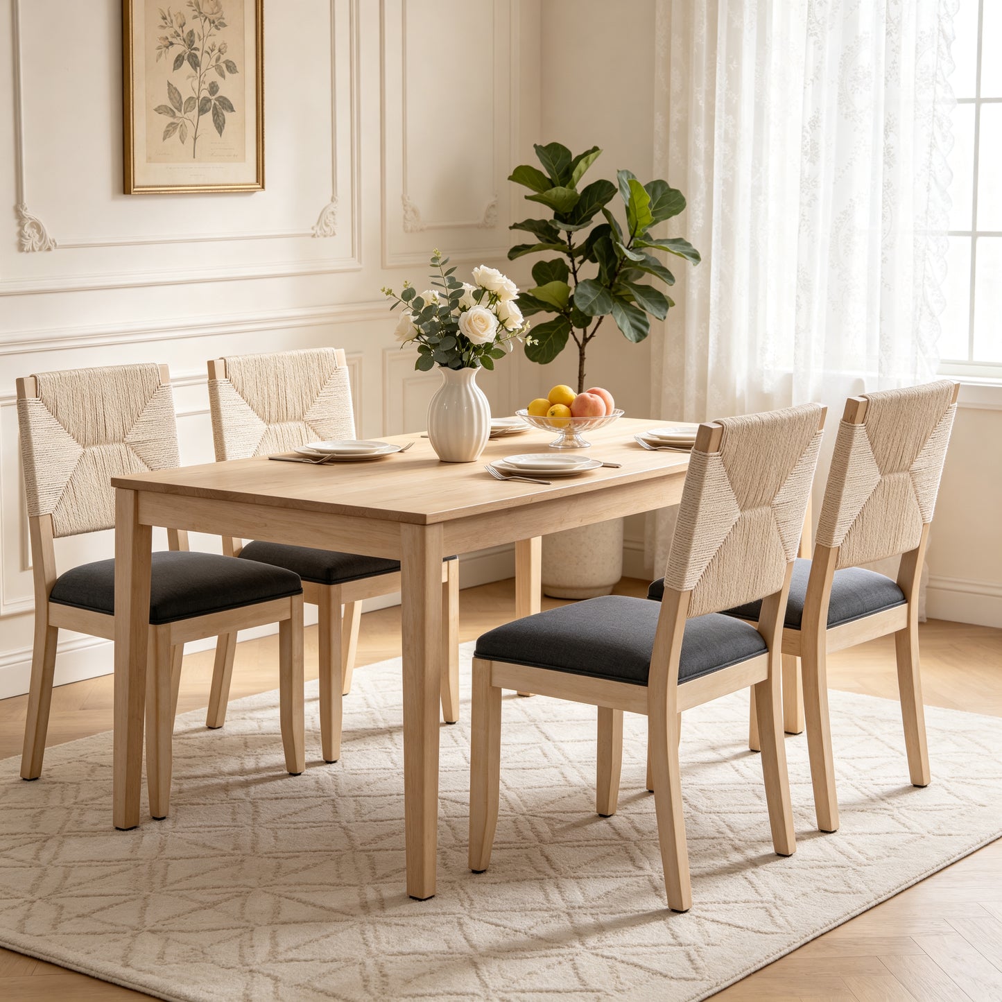 Beige Farmhouse Dining Chairs Set of 2 - Grey Upholstered