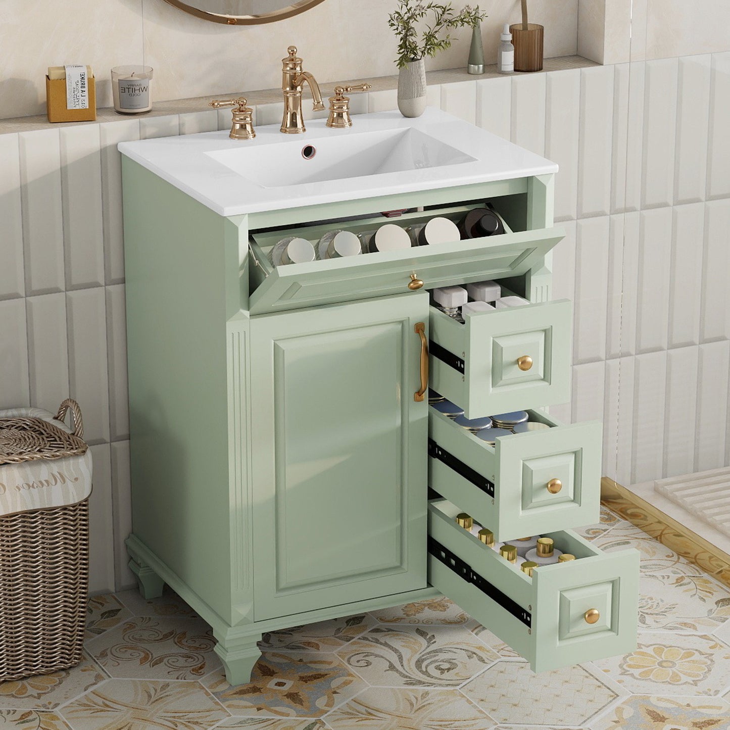 24-Inch Green Bathroom Vanity with Sink & Storage Cabinet