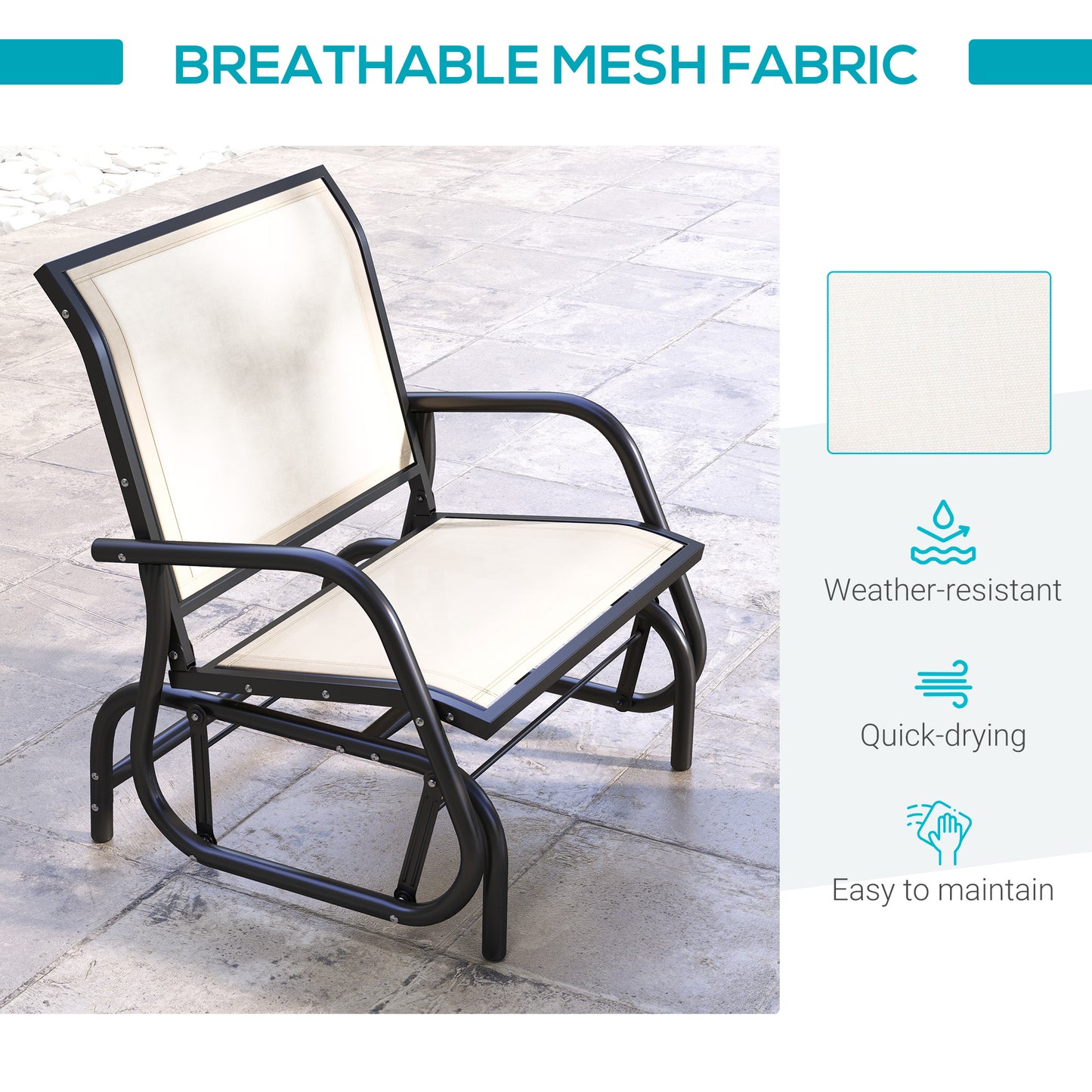 Outdoor Glider Chair - Steel Swing with Curved Armrests, Cream White