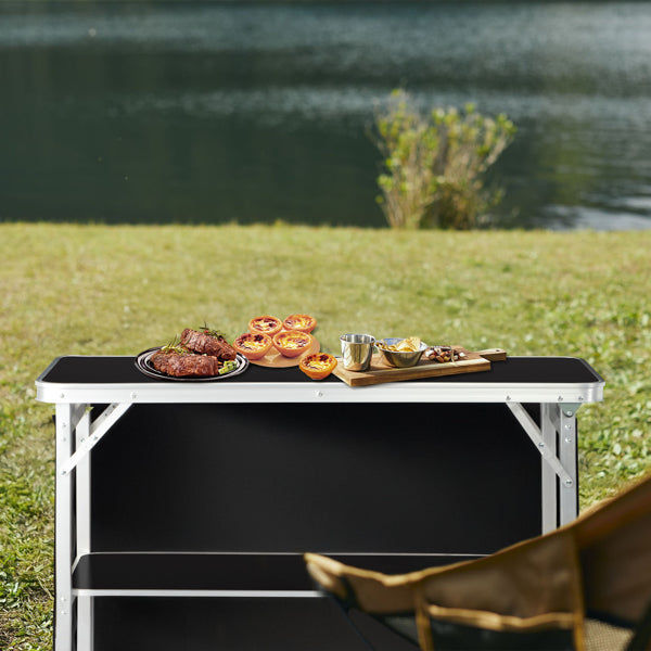 Portable Folding Bar Table with Shelf and Black Skirt - Indoor Outdoor Event Stand