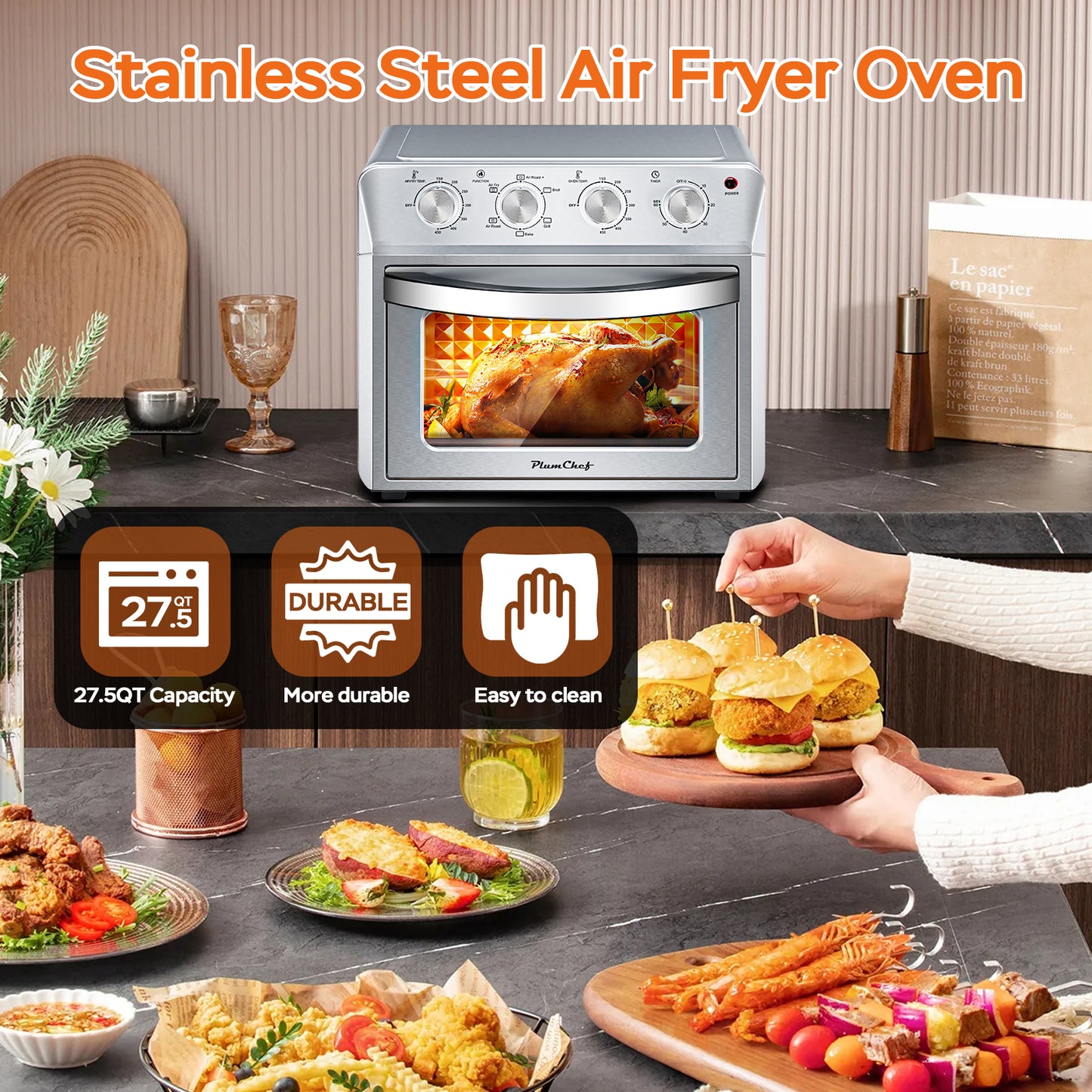 27.5QT 6-in-1 Air Fryer Toaster Oven - Stainless Steel