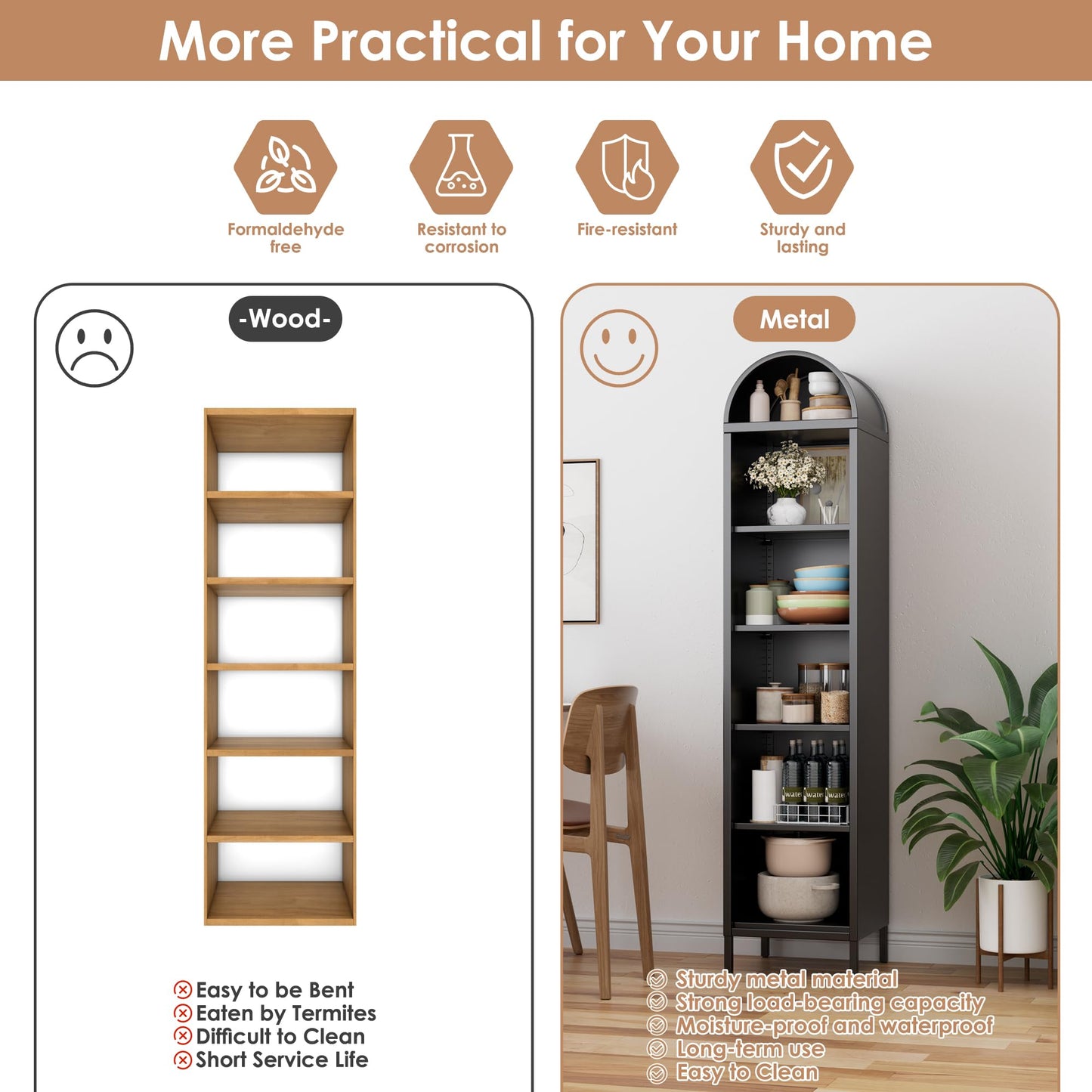 73'' Tall Arched Metal Bookshelf - 6-Tier Freestanding Organizer in Black